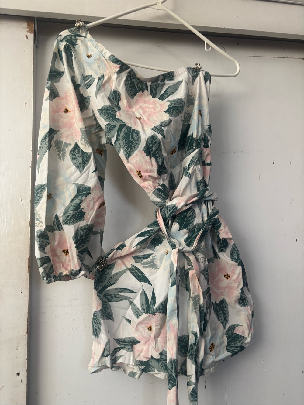 Floral One-Shoulder Tie-Waist Dress in Pink & Green